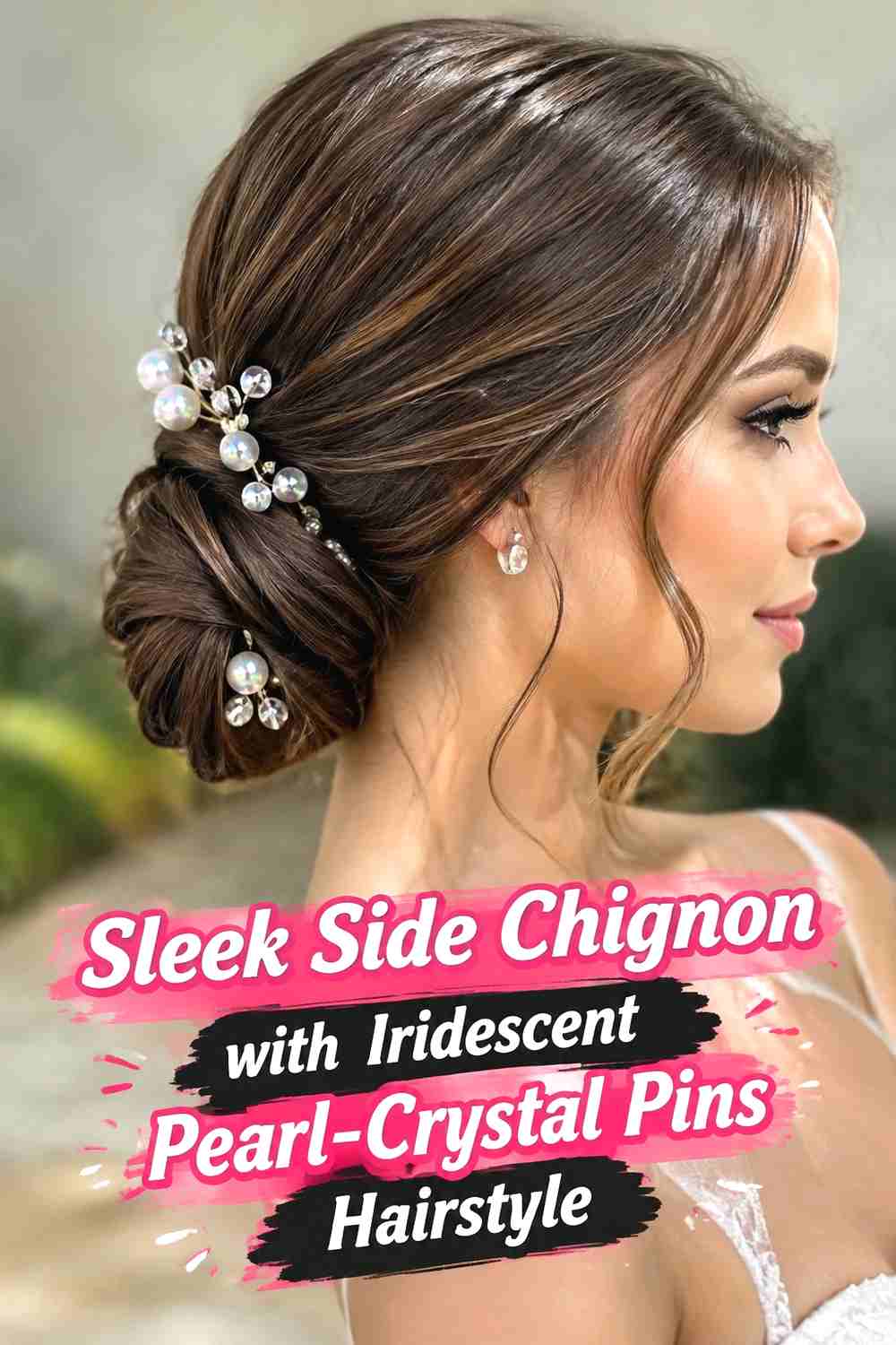 3. Sleek Side Chignon With Iridescent Pearl Crystal Pins Hairstyle