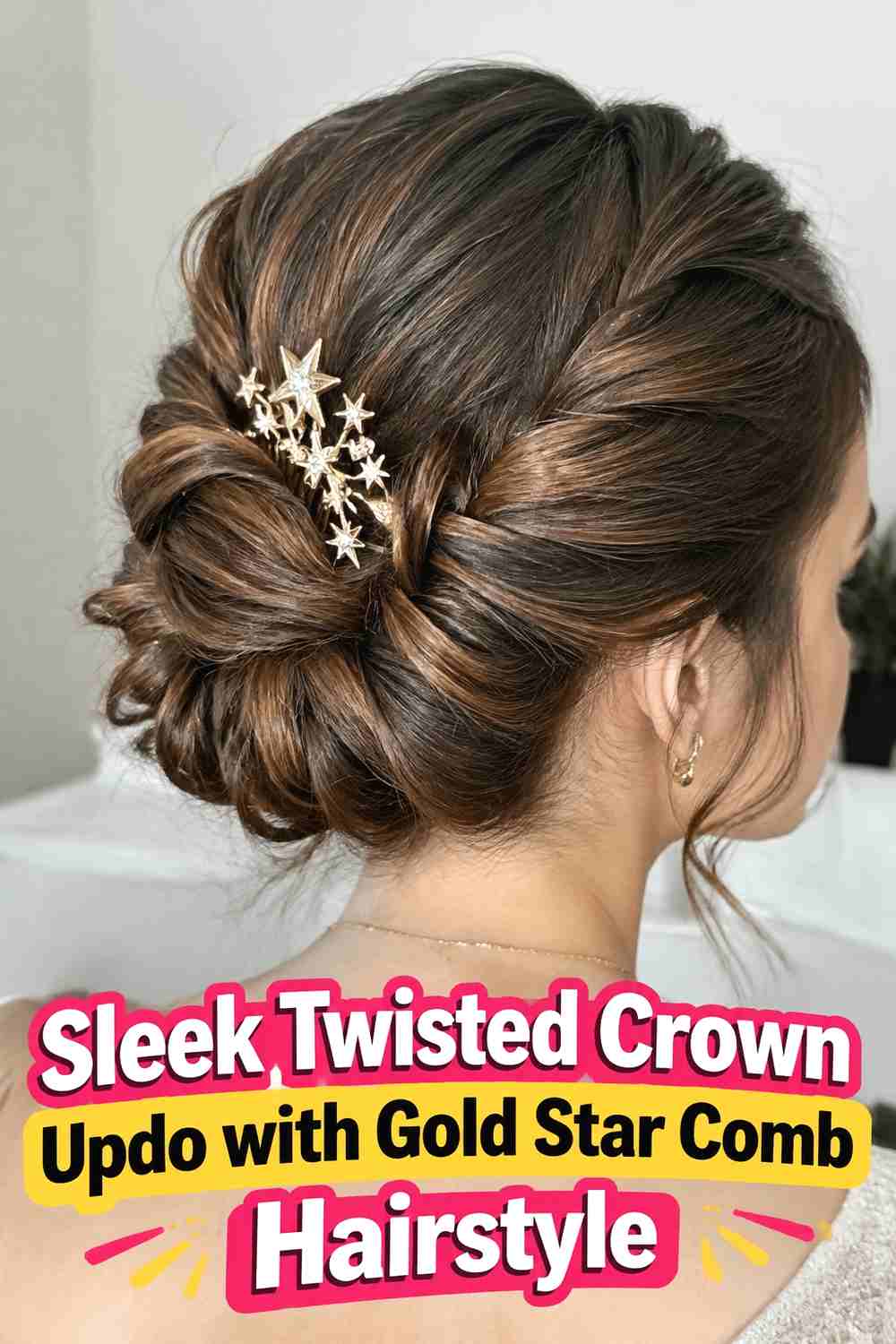 7. Sleek Twisted Crown Updo With Gold Star Comb Hairstyle