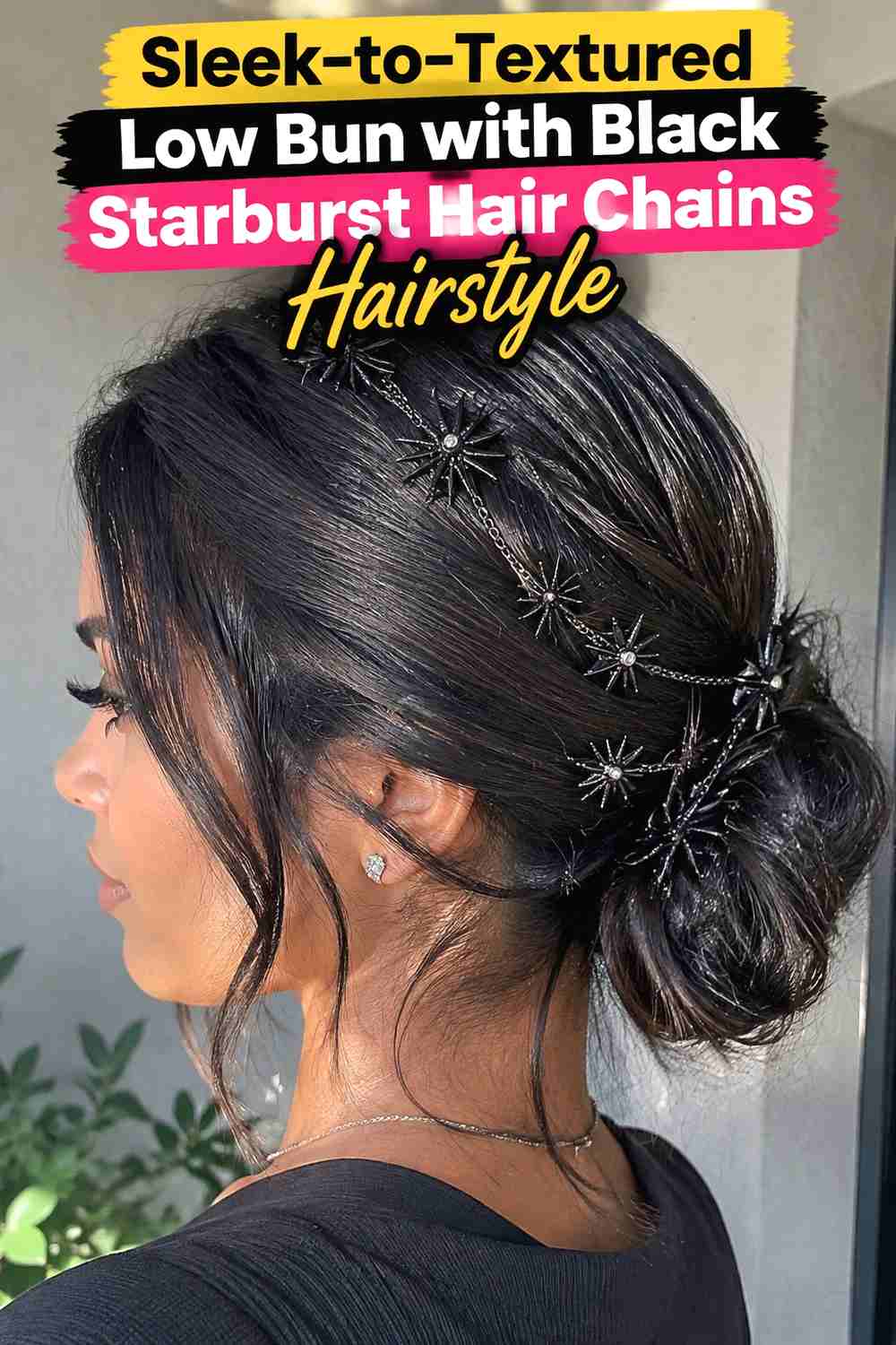 10. Sleek To Textured Low Bun With Black Starburst Hair Chains Hairstyle