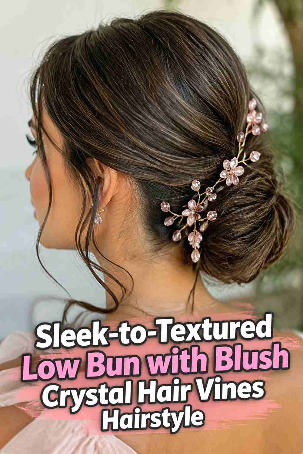 10. Sleek To Textured Low Bun With Blush Crystal Hair Vines Hairstyle