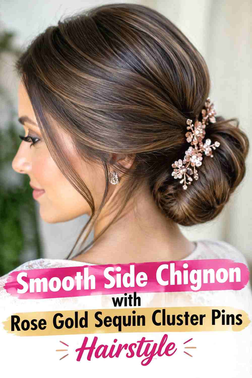 7. Smooth Side Chignon With Rose Gold Sequin Cluster Pins Hairstyle