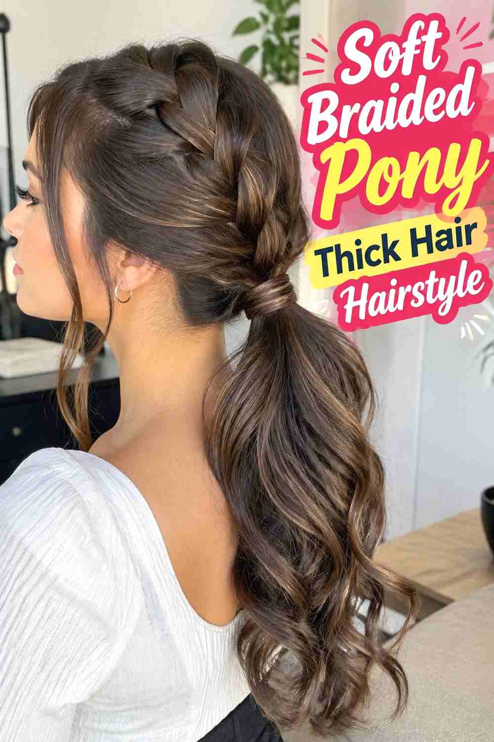 3. Soft Braided Pony Thick Hair Hairstyle