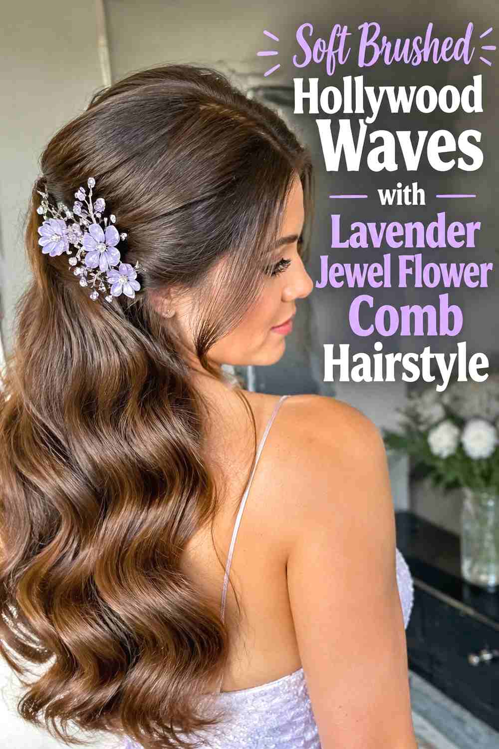 3. Soft Brushed Hollywood Waves With Lavender Jewel Flower Comb Hairstyle