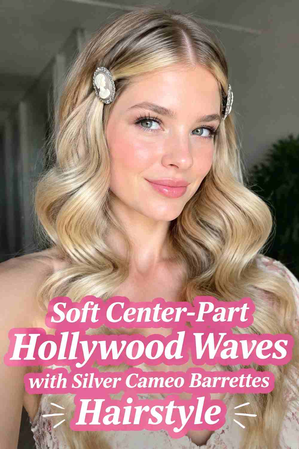 3. Soft Center Part Hollywood Waves With Silver Cameo Barrettes Hairstyle