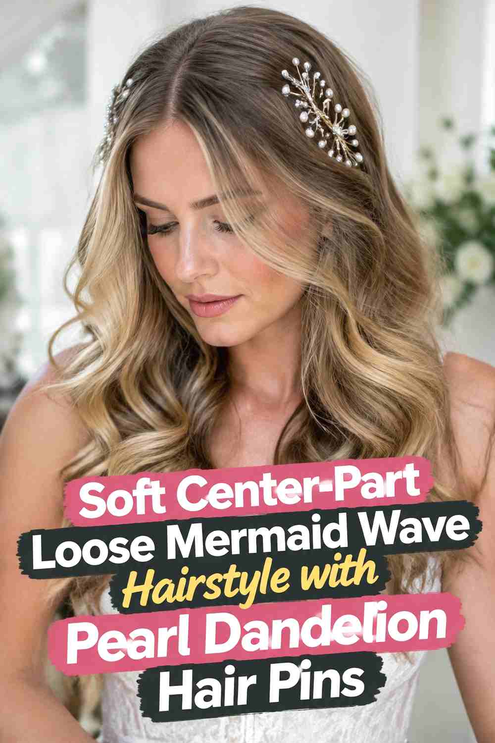 1. Soft Center Part Loose Mermaid Wave Hairstyle With Pearl Dandelion Hair Pins