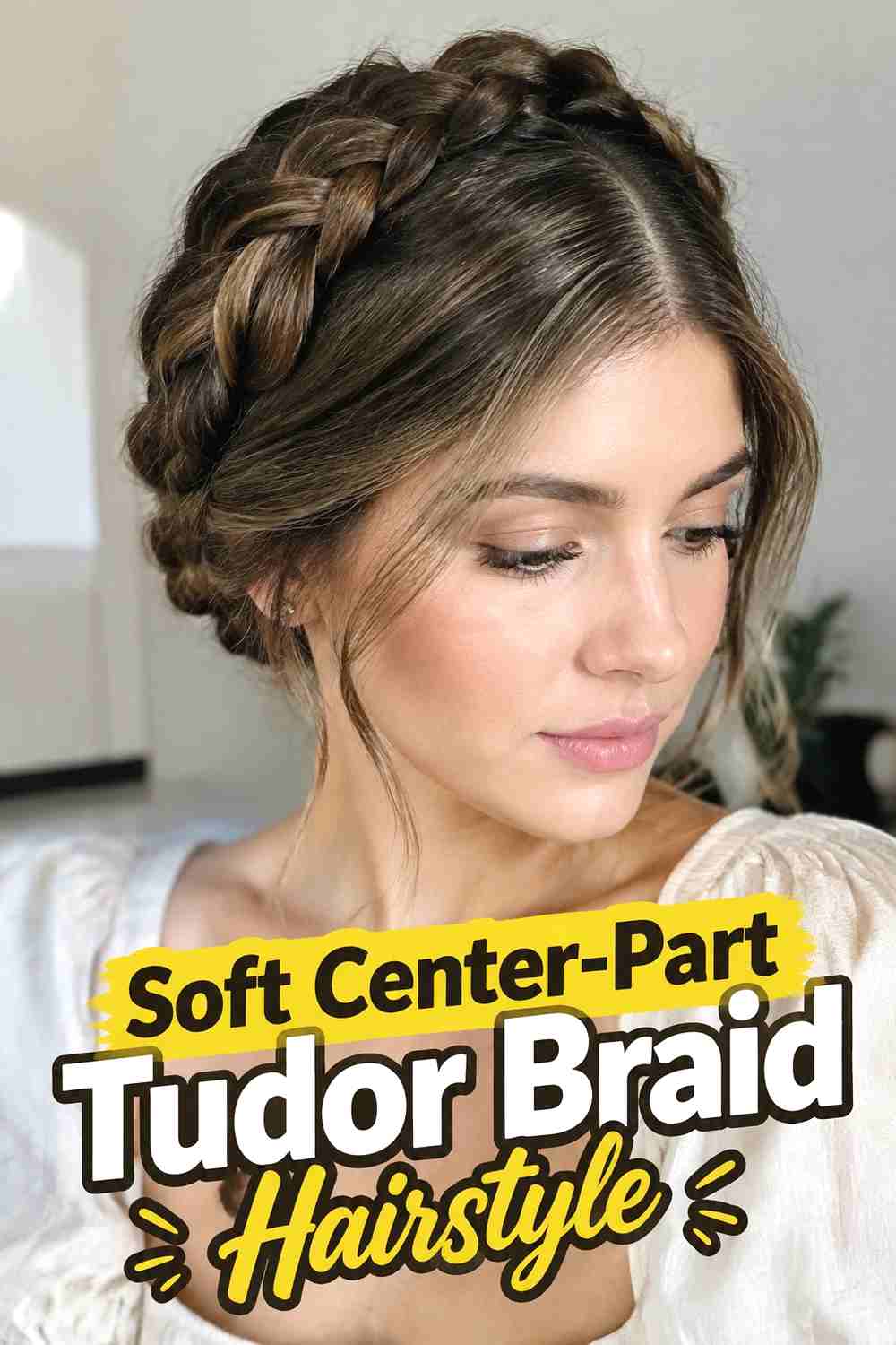 1. Soft Center Part Tudor Braid Hairstyle