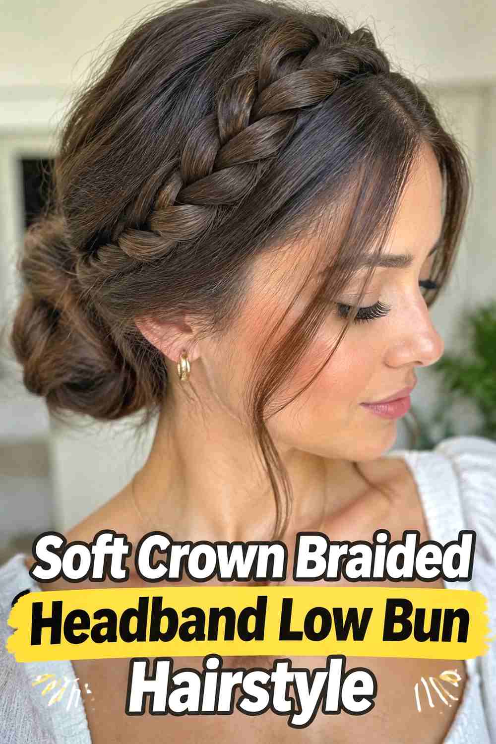 1. Soft Crown Braided Headband Low Bun Hairstyle