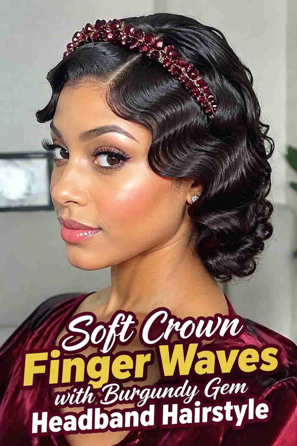 5. Soft Crown Finger Waves With Burgundy Gem Headband Hairstyle