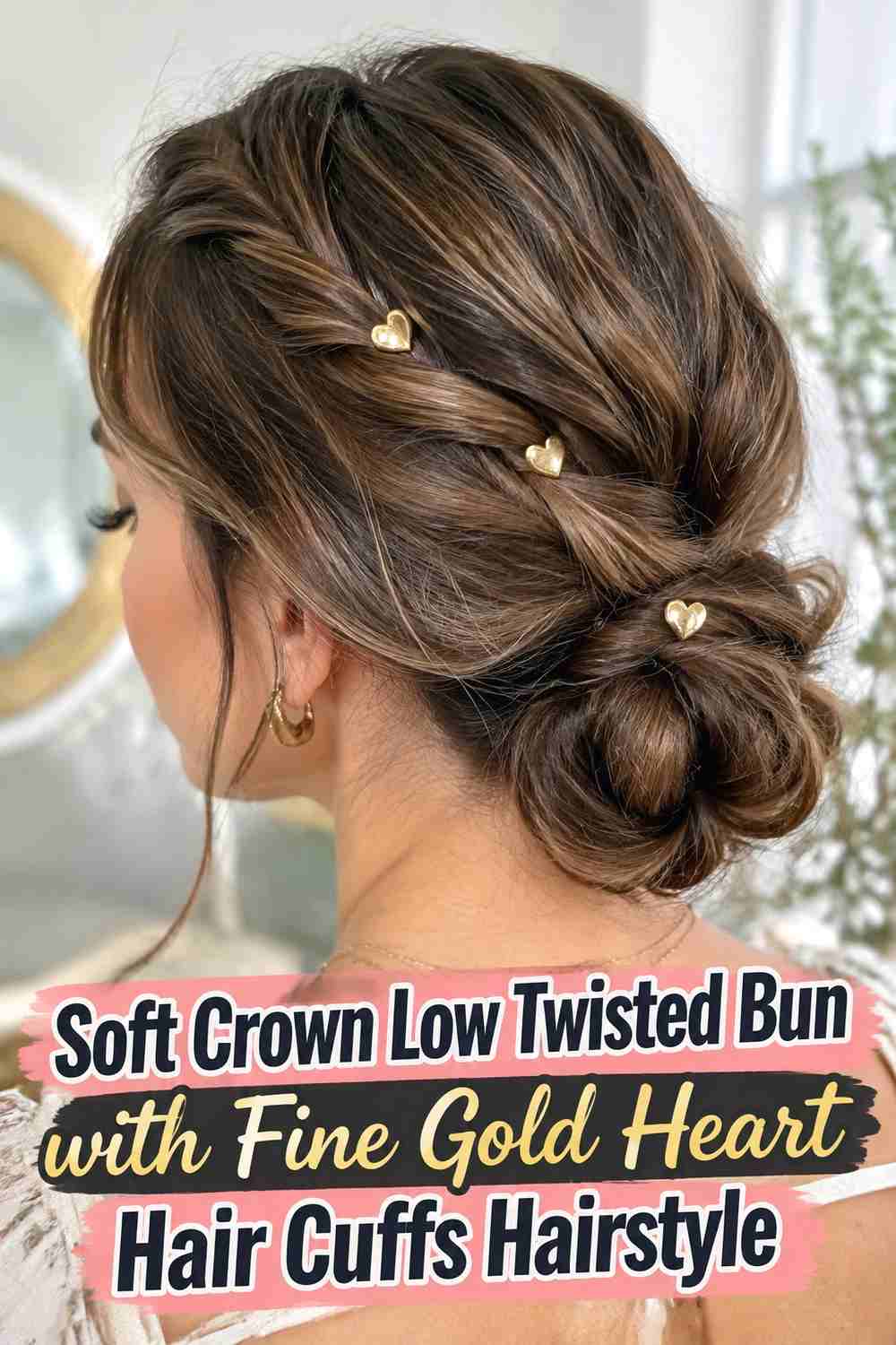 10. Soft Crown Low Twisted Bun With Fine Gold Heart Hair Cuffs Hairstyle