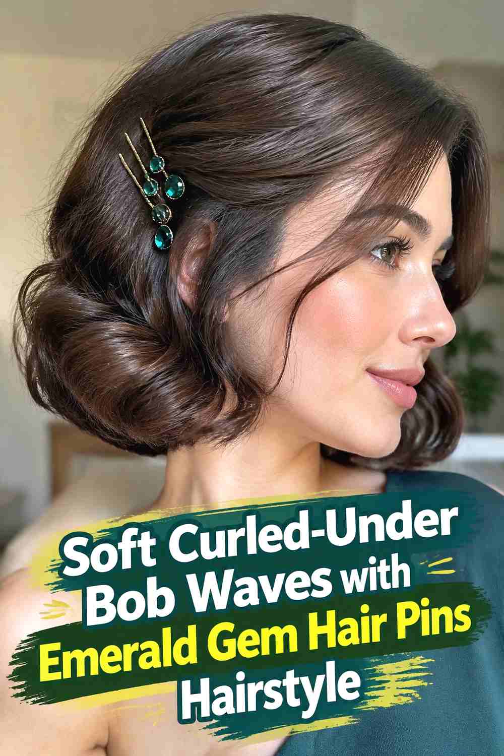 10. Soft Curled Under Bob Waves With Emerald Gem Hair Pins Hairstyle