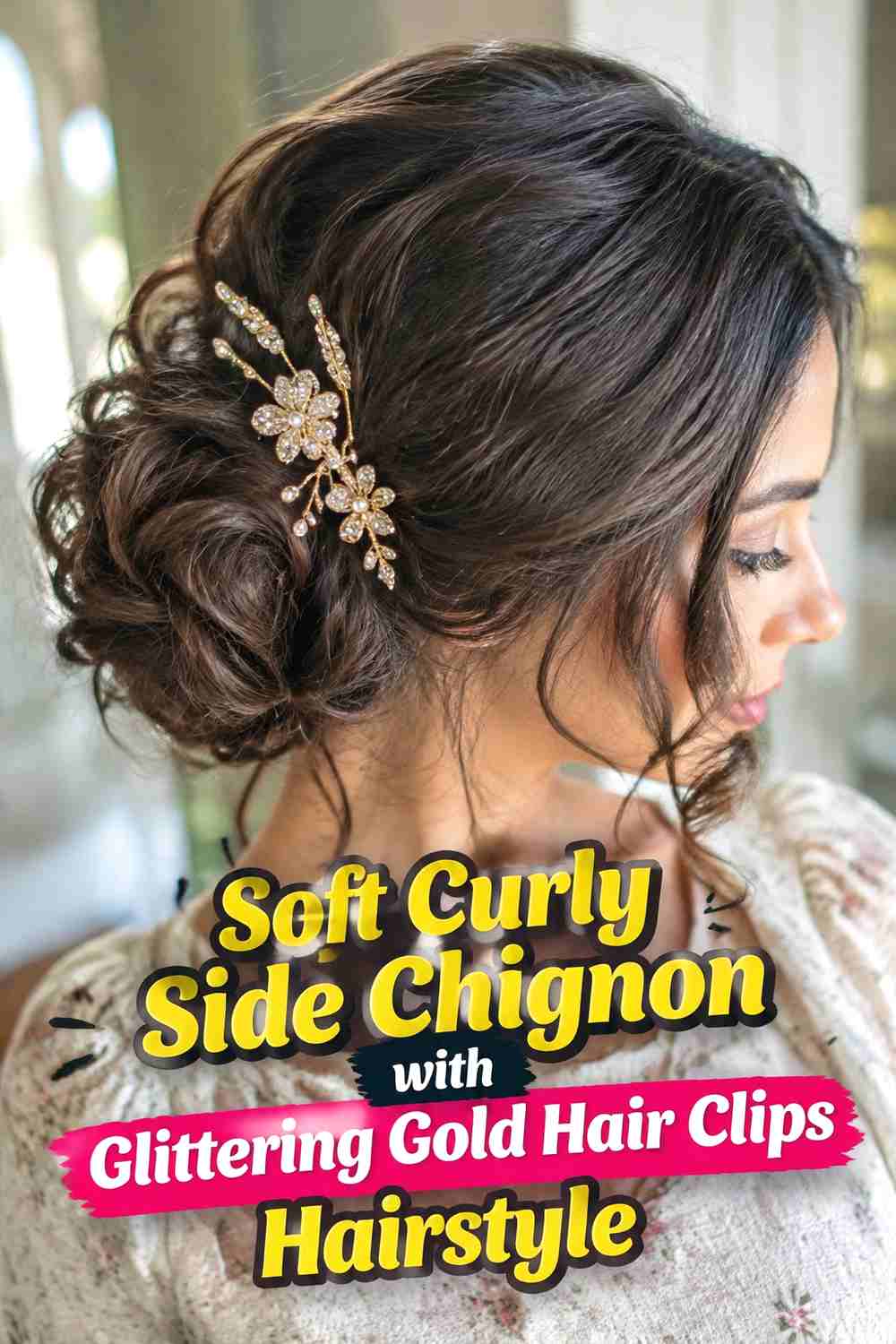 1. Soft Curly Side Chignon With Glittering Gold Hair Clips Hairstyle