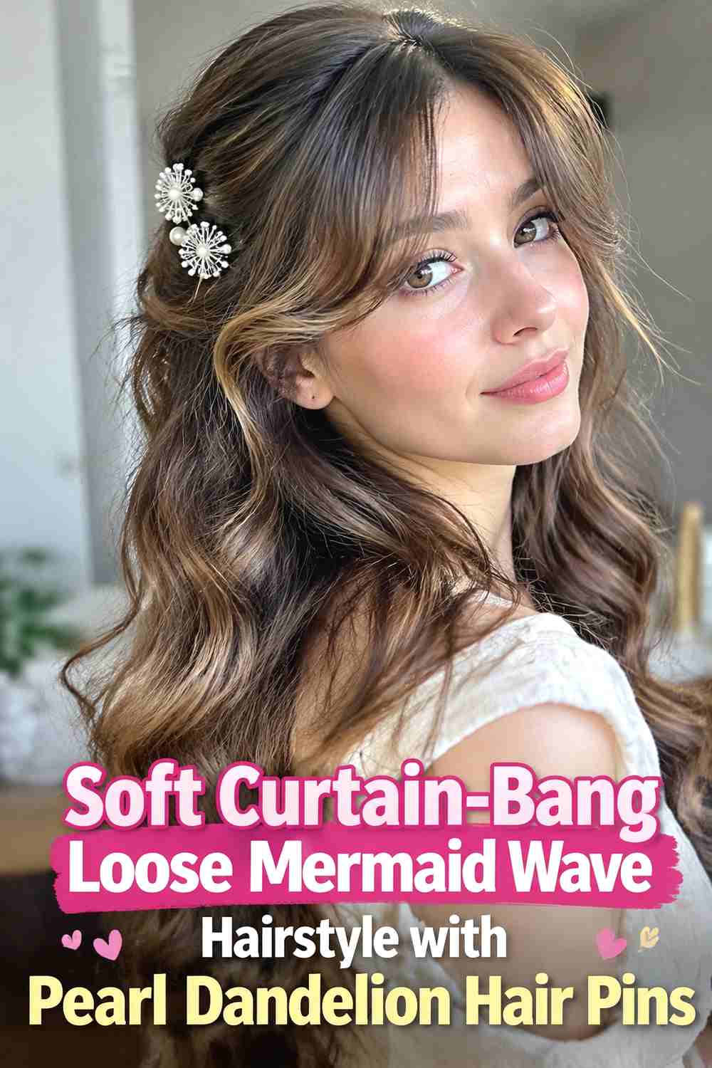 6. Soft Curtain Bang Loose Mermaid Wave Hairstyle With Pearl Dandelion Hair Pins