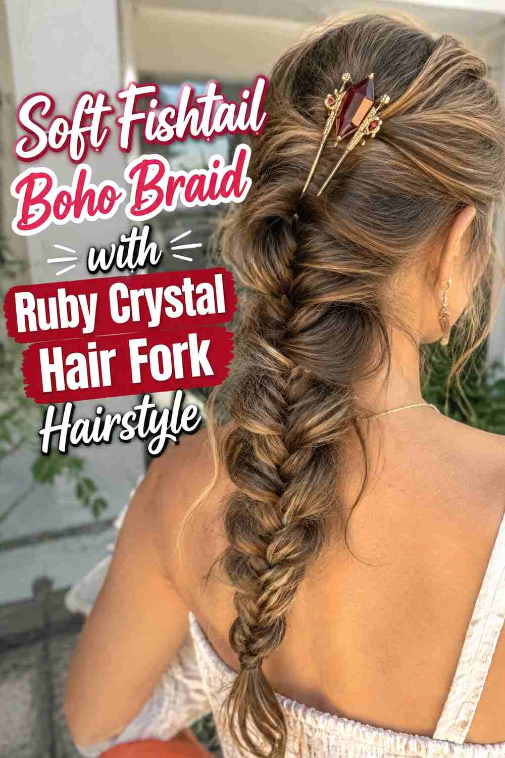 2. Soft Fishtail Boho Braid With Ruby Crystal Hair Fork Hairstyle