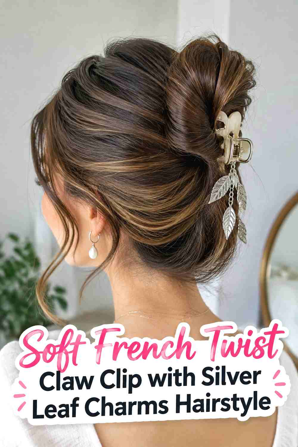 1. Soft French Twist Claw Clip With Silver Leaf Charms Hairstyle