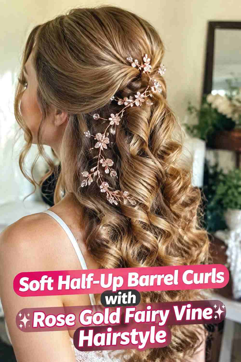 1. Soft Half Up Barrel Curls With Rose Gold Fairy Vine Hairstyle