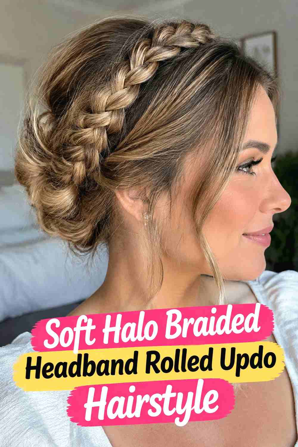 12. Soft Halo Braided Headband Rolled Updo Hairstyle