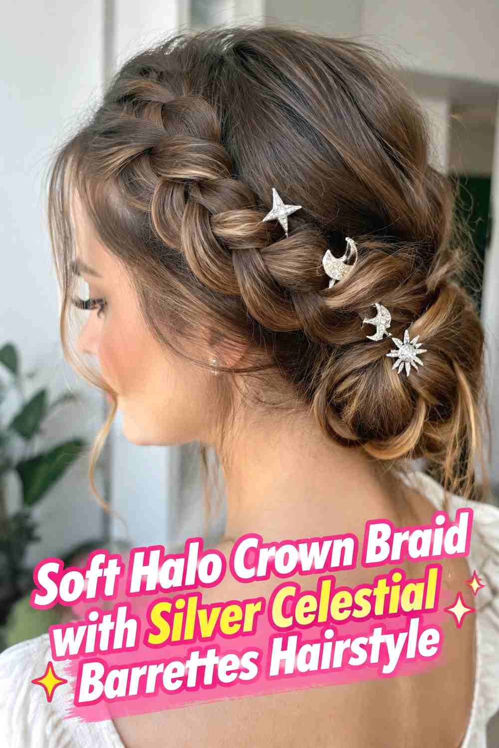 1. Soft Halo Crown Braid With Silver Celestial Barrettes Hairstyle