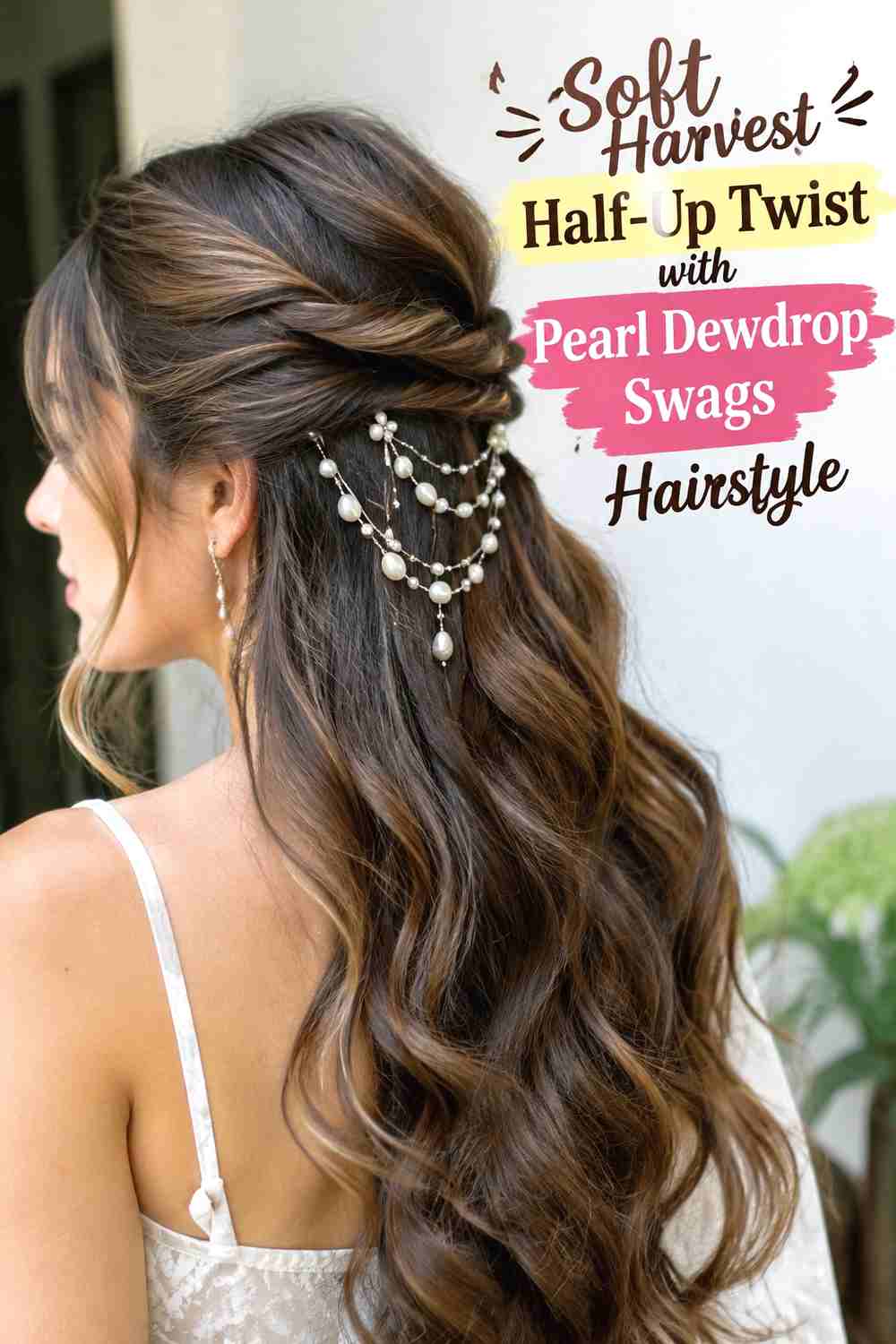 10. Soft Harvest Half Up Twist With Pearl Dewdrop Swags Hairstyle