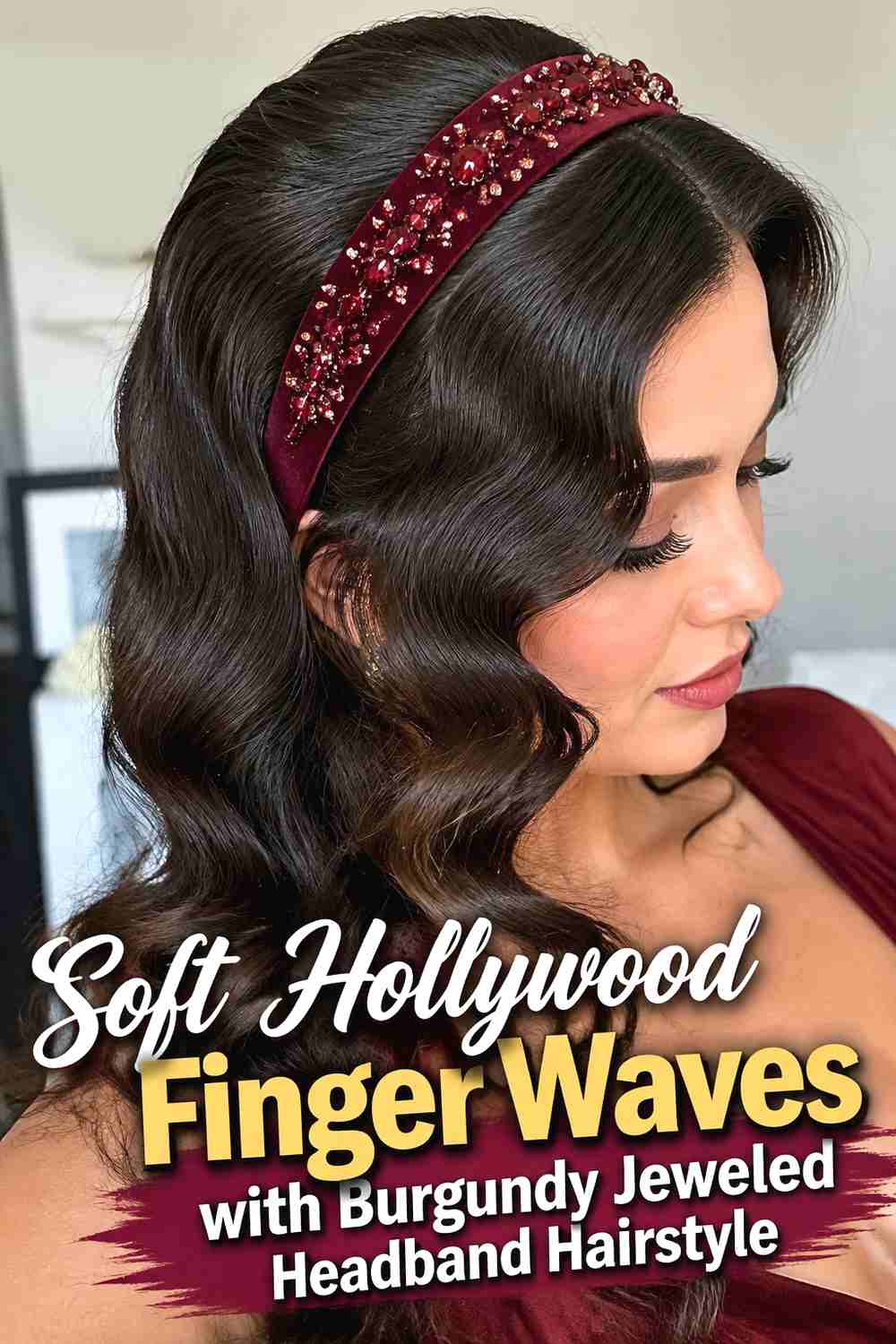 11. Soft Hollywood Finger Waves With Burgundy Jeweled Headband Hairstyle