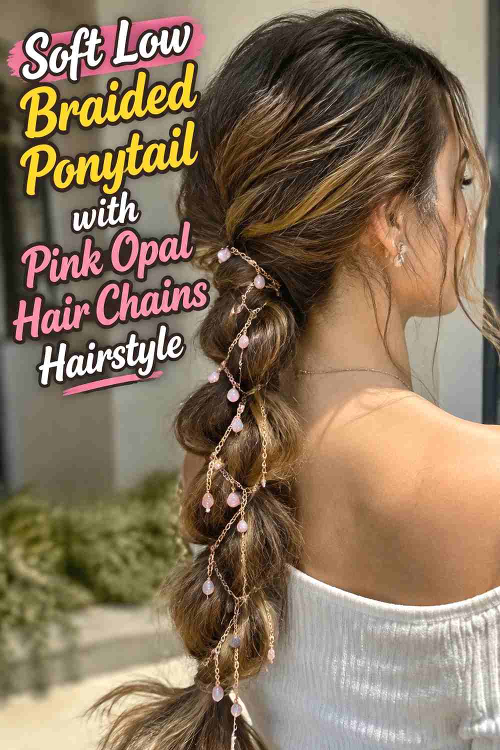 2. Soft Low Braided Ponytail With Pink Opal Hair Chains Hairstyle