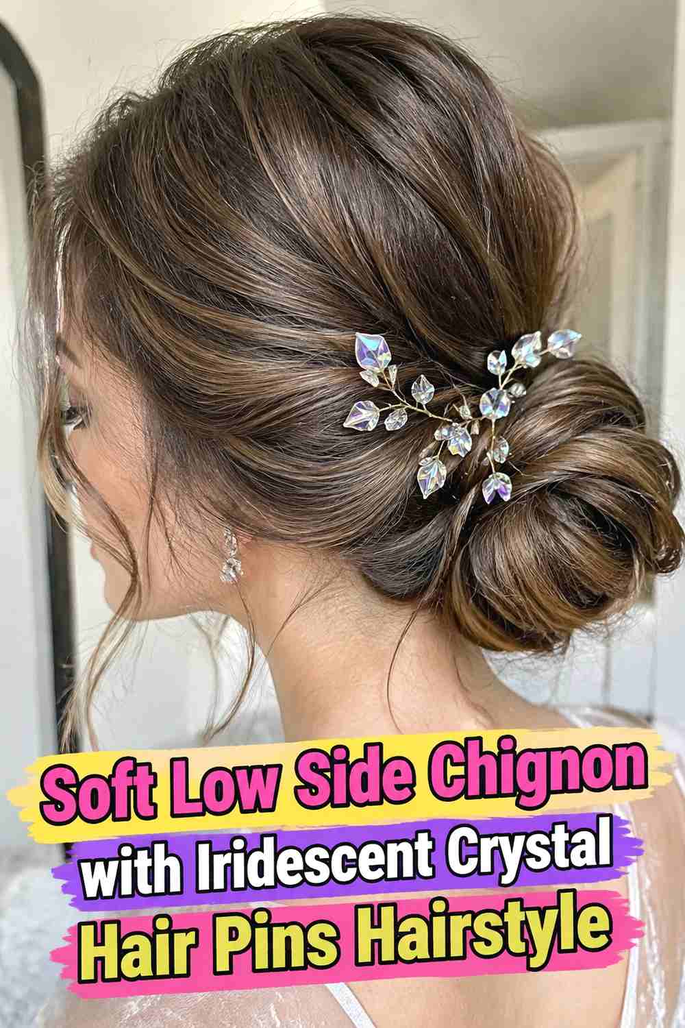 1. Soft Low Side Chignon With Iridescent Crystal Hair Pins Hairstyle