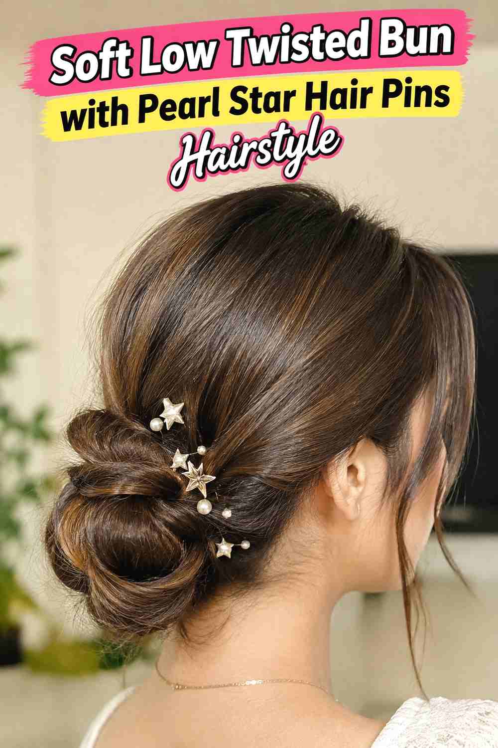 1. Soft Low Twisted Bun With Pearl Star Hair Pins Hairstyle