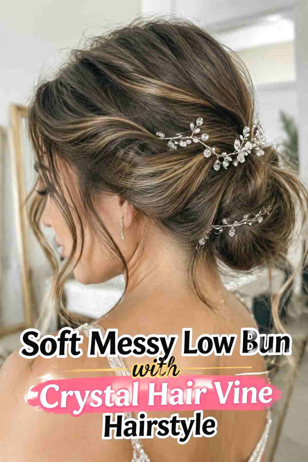 1. Soft Messy Low Bun With Crystal Hair Vine Hairstyle