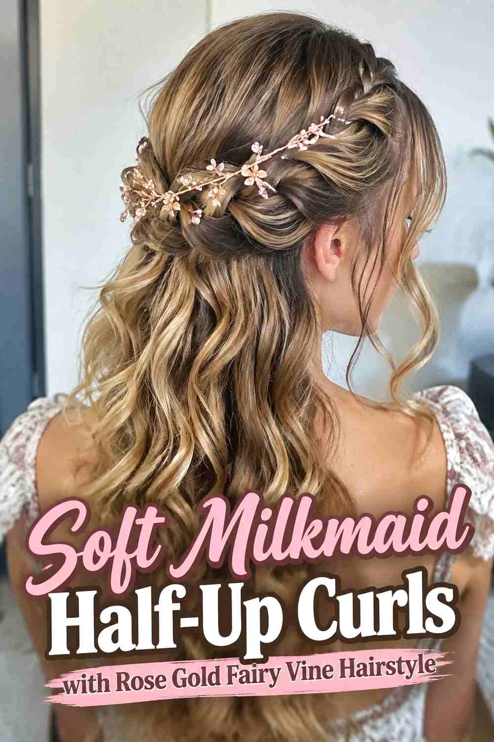 15. Soft Milkmaid Half Up Curls With Rose Gold Fairy Vine Hairstyle