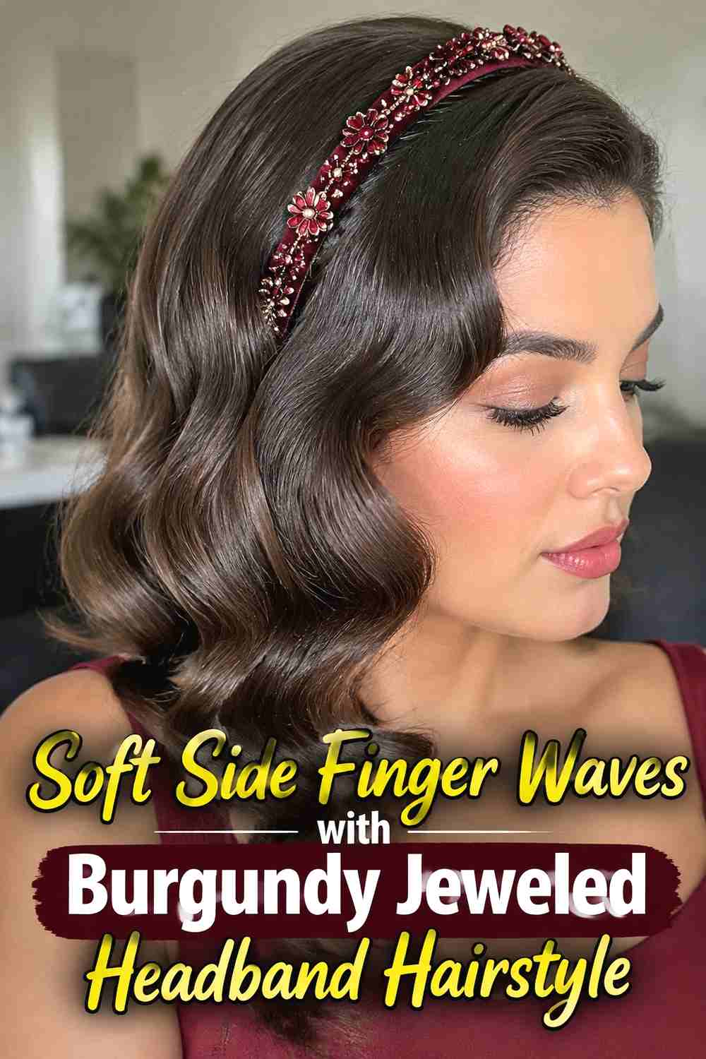 1. Soft Side Finger Waves With Burgundy Jeweled Headband Hairstyle