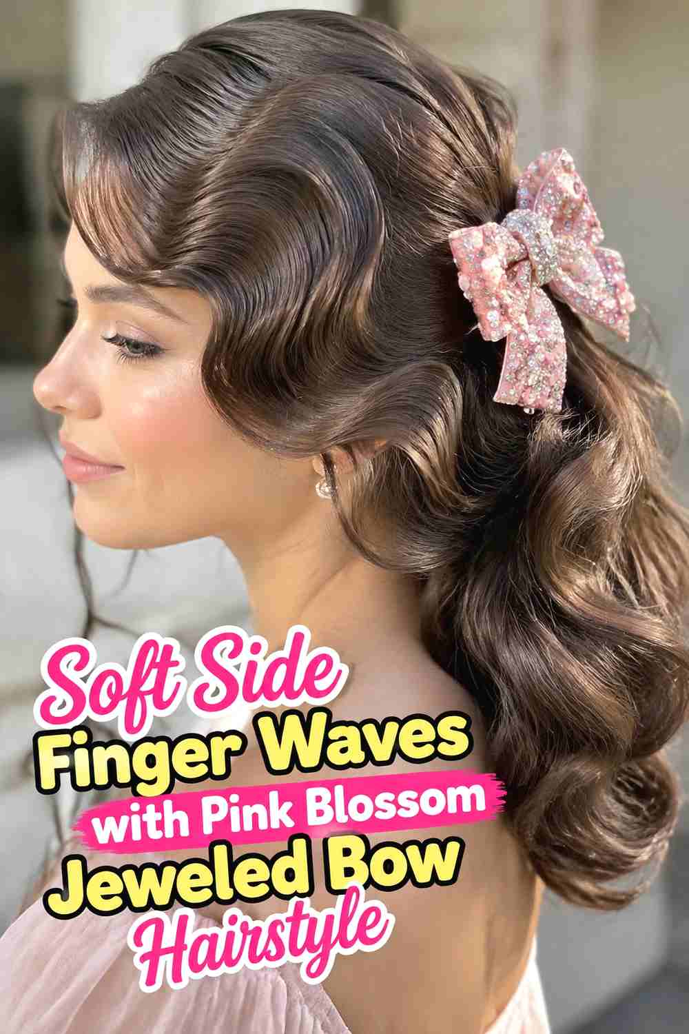 1. Soft Side Finger Waves With Pink Blossom Jeweled Bow Hairstyle