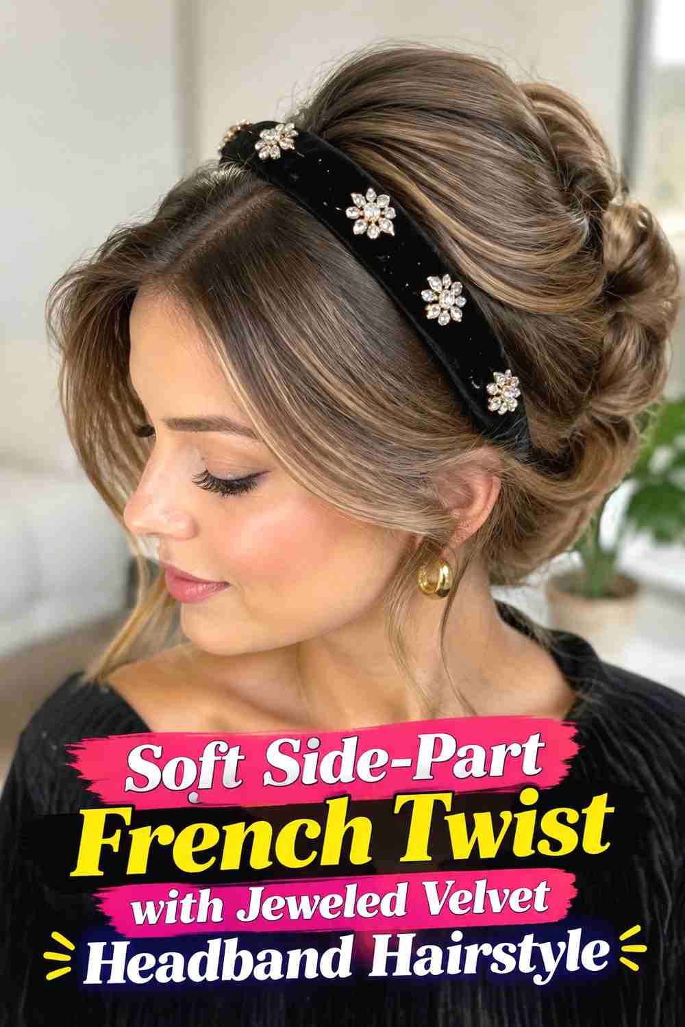 2. Soft Side Part French Twist With Jeweled Velvet Headband Hairstyle