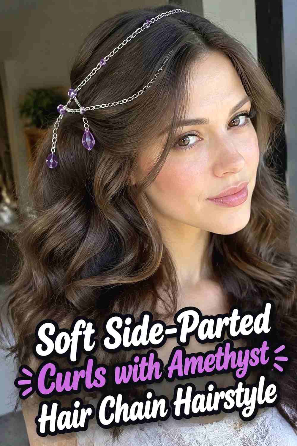 1. Soft Side Parted Curls With Amethyst Hair Chain Hairstyle