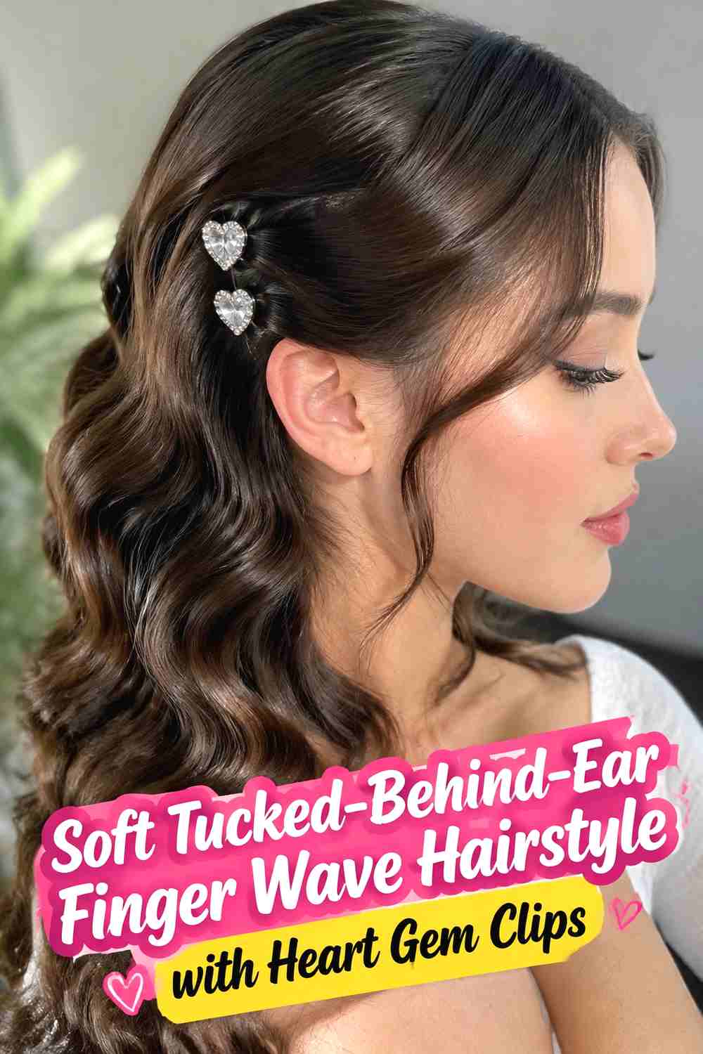 4. Soft Tucked Behind Ear Finger Wave Hairstyle With Heart Gem Clips