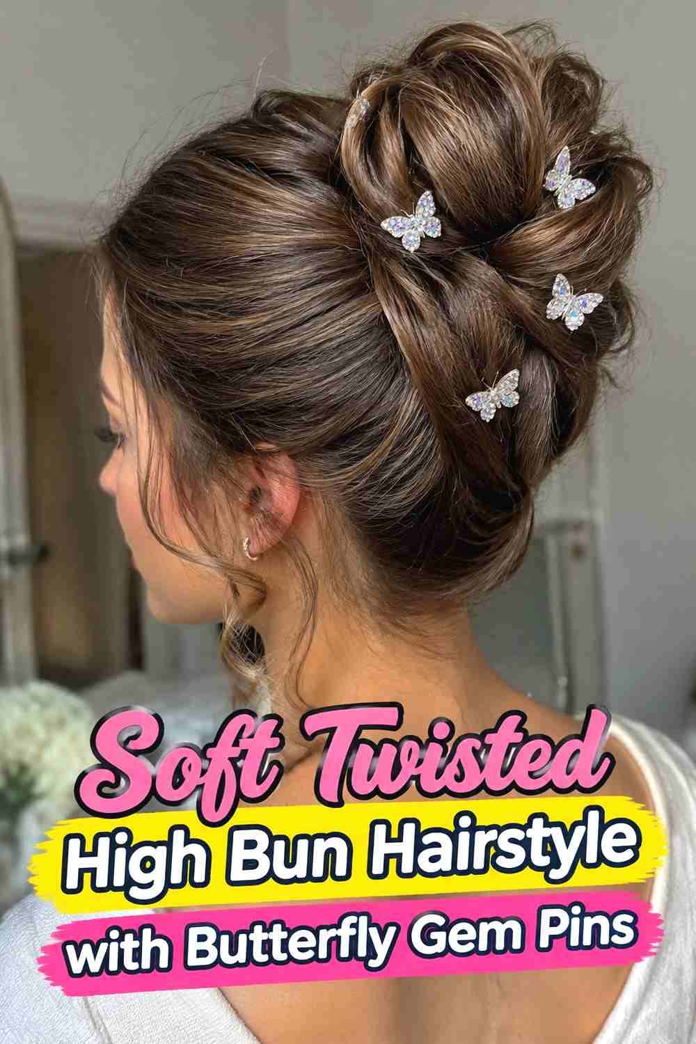 2. Soft Twisted High Bun Hairstyle With Butterfly Gem Pins