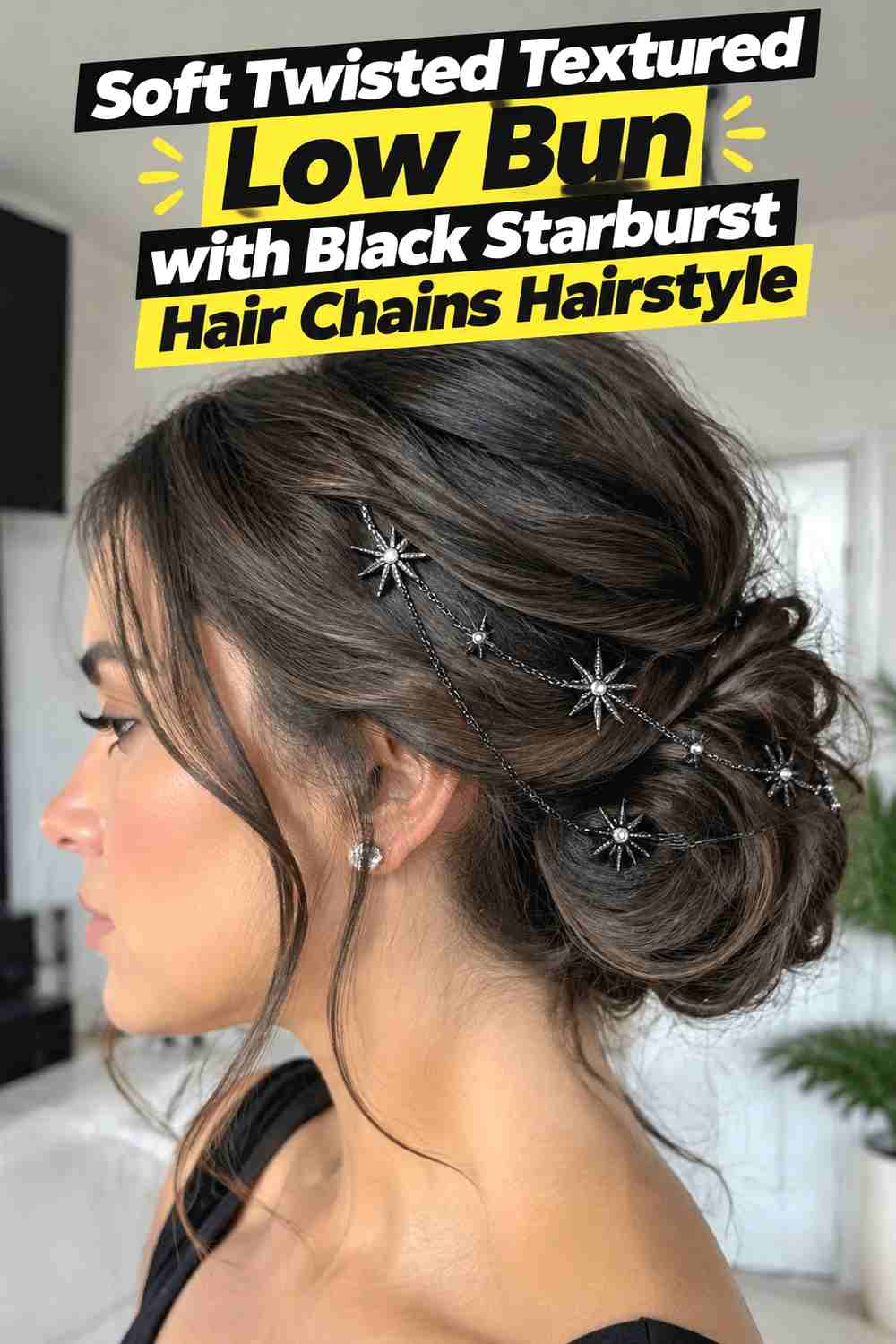 1. Soft Twisted Textured Low Bun With Black Starburst Hair Chains Hairstyle