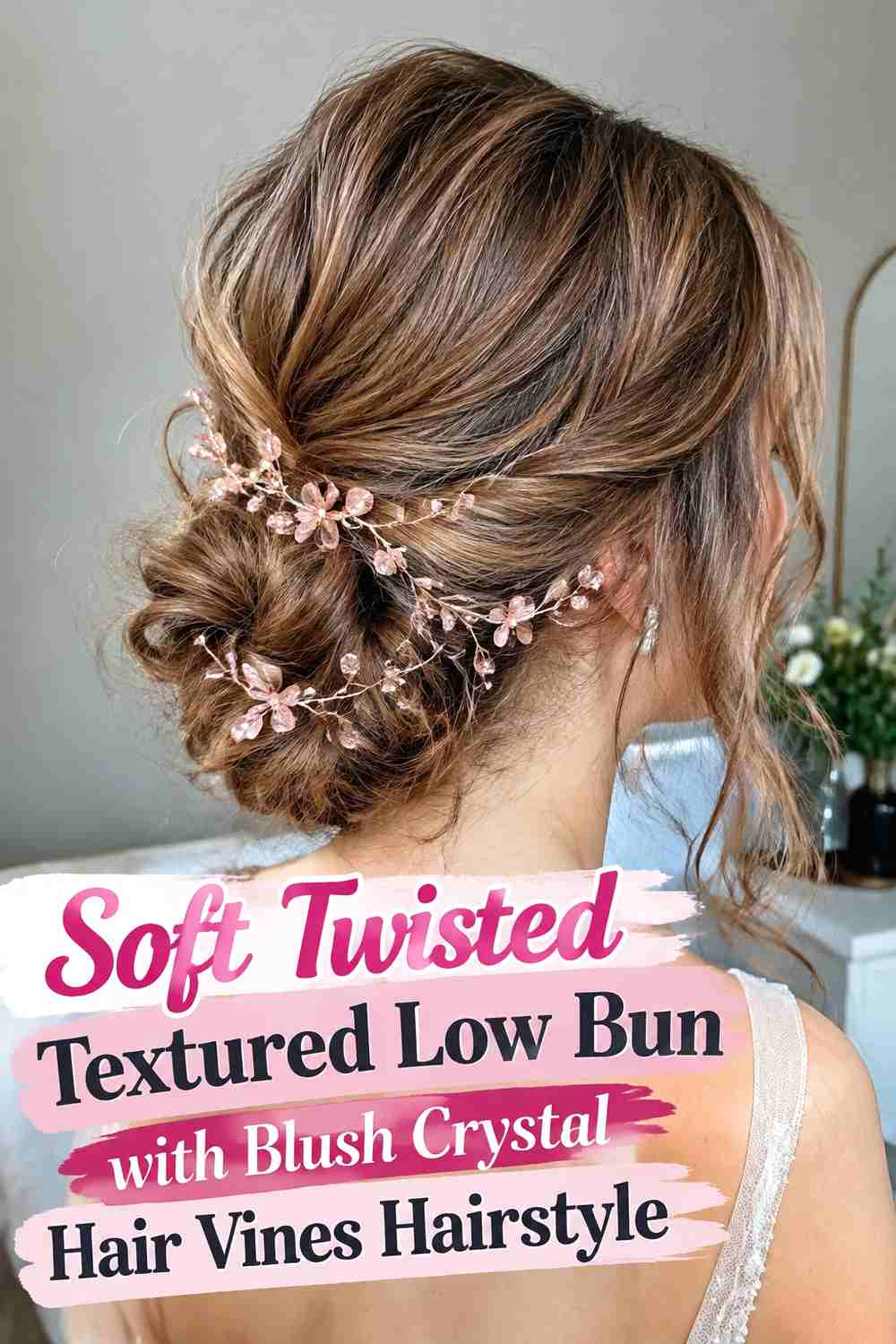 1. Soft Twisted Textured Low Bun With Blush Crystal Hair Vines Hairstyle