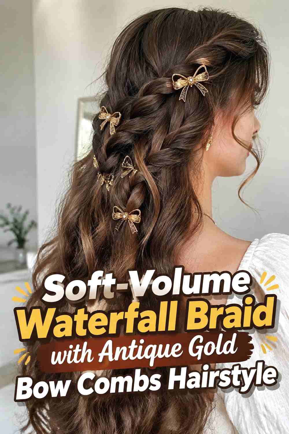 8. Soft Volume Waterfall Braid With Antique Gold Bow Combs Hairstyle