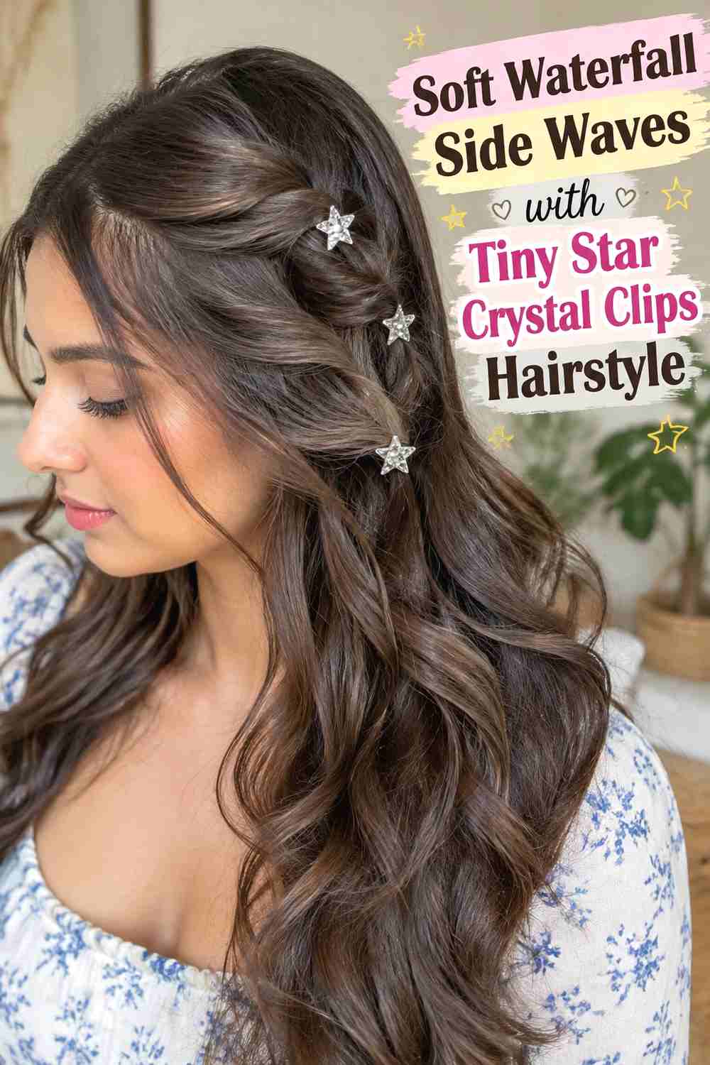 16. Soft Waterfall Side Waves With Tiny Star Crystal Clips Hairstyle