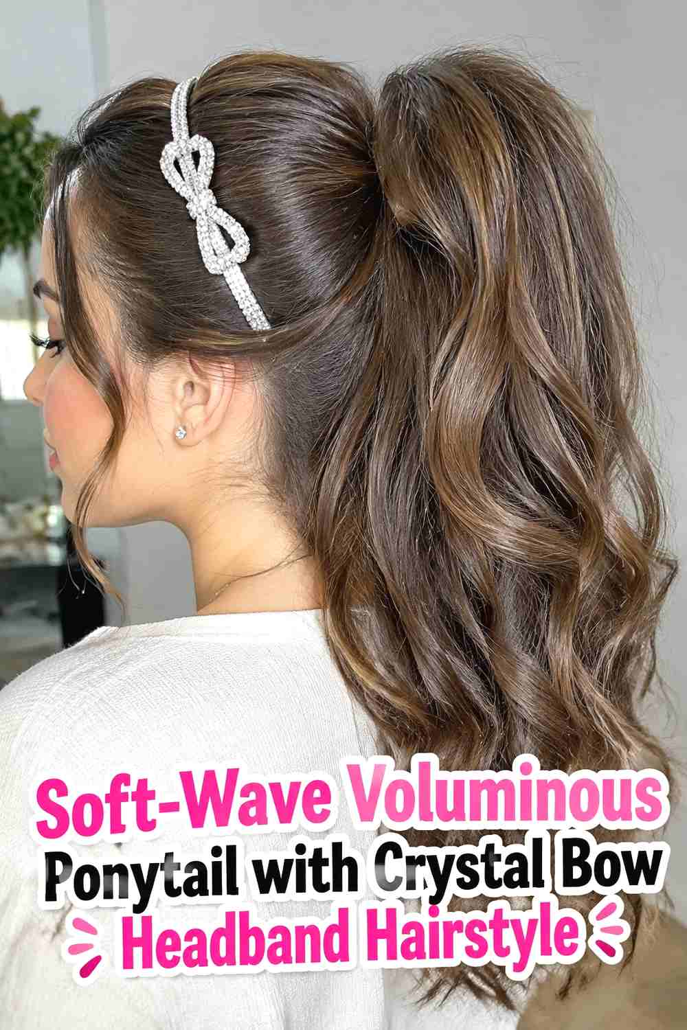 6. Soft Wave Voluminous Ponytail With Crystal Bow Headband Hairstyle