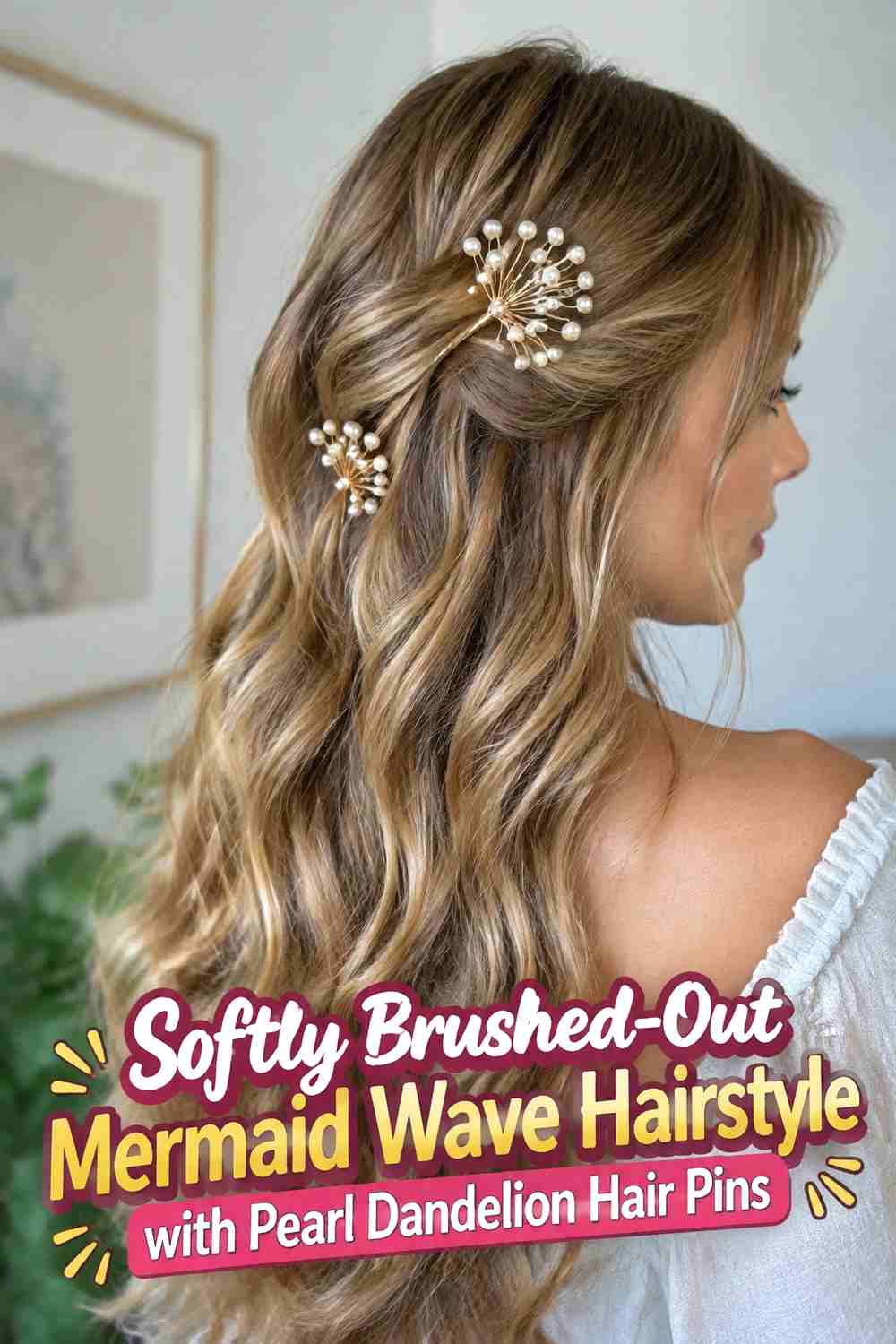 16. Softly Brushed Out Mermaid Wave Hairstyle With Pearl Dandelion Hair Pins