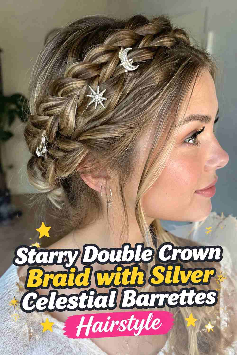 12. Starry Double Crown Braid With Silver Celestial Barrettes Hairstyle