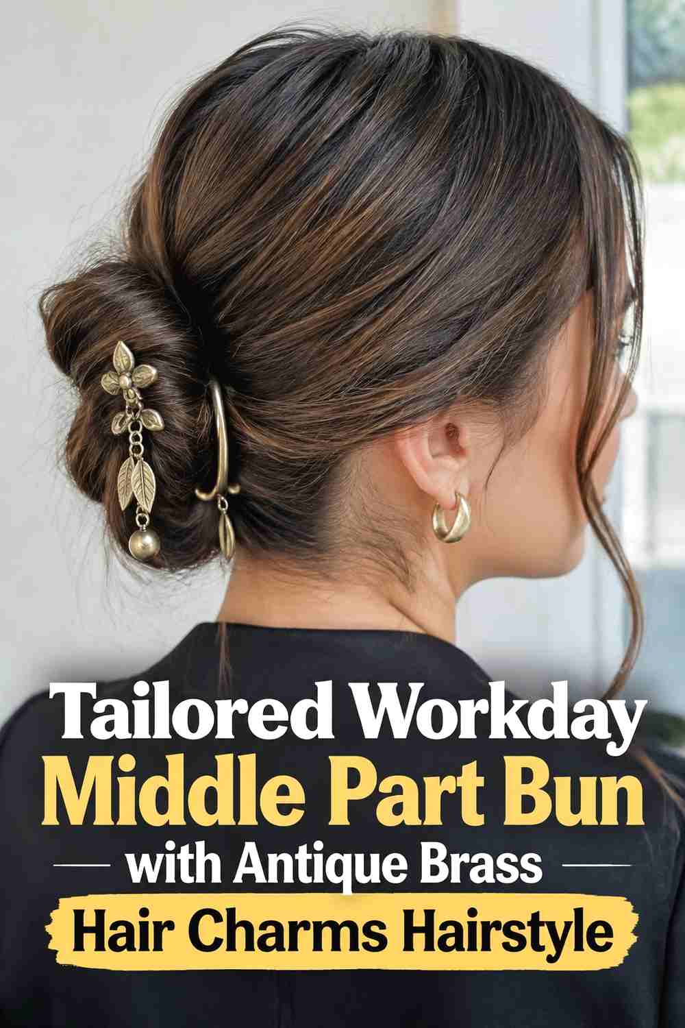 19. Tailored Workday Middle Part Bun With Antique Brass Hair Charms Hairstyle