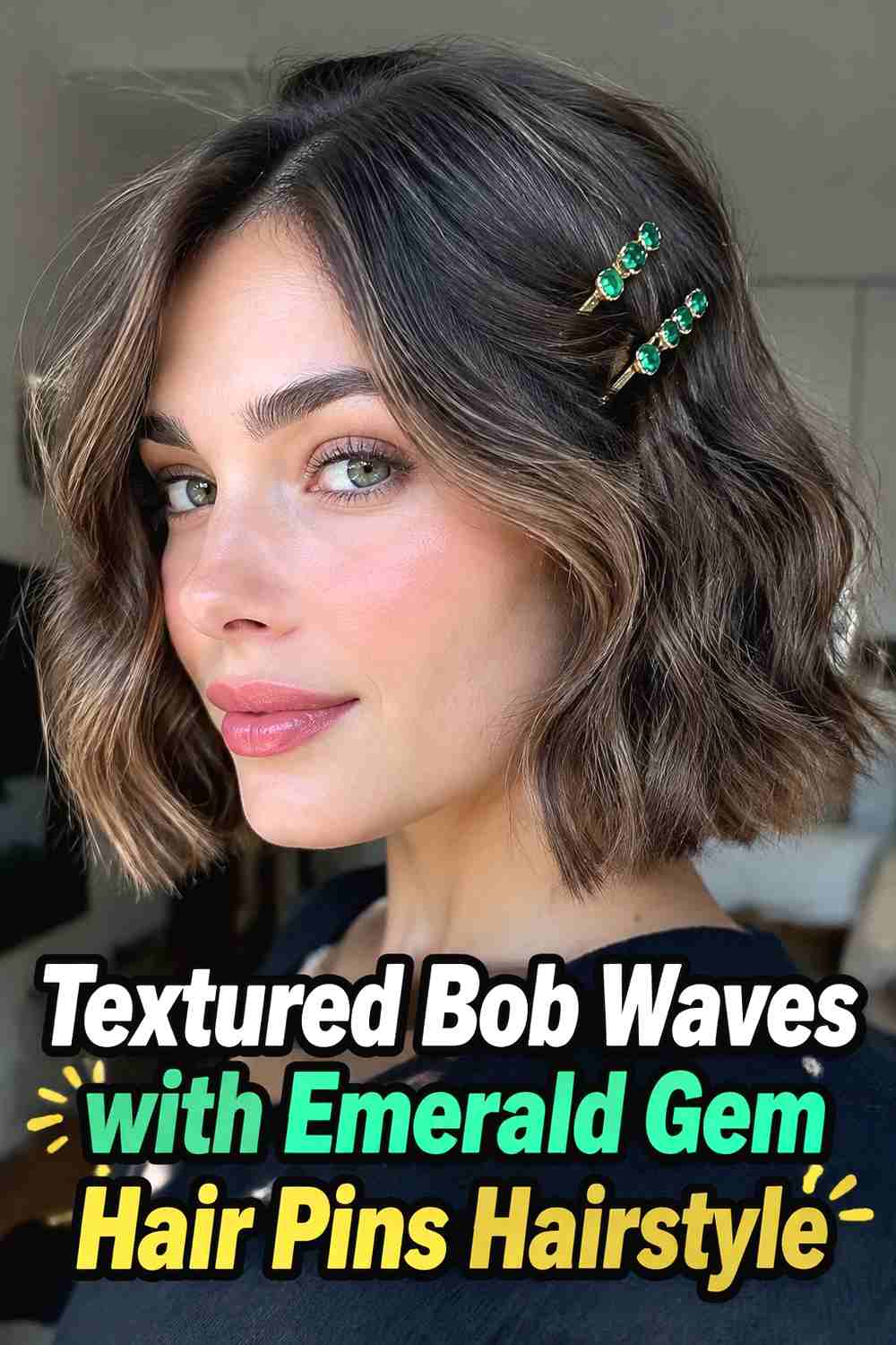 8. Textured Bob Waves With Emerald Gem Hair Pins Hairstyle