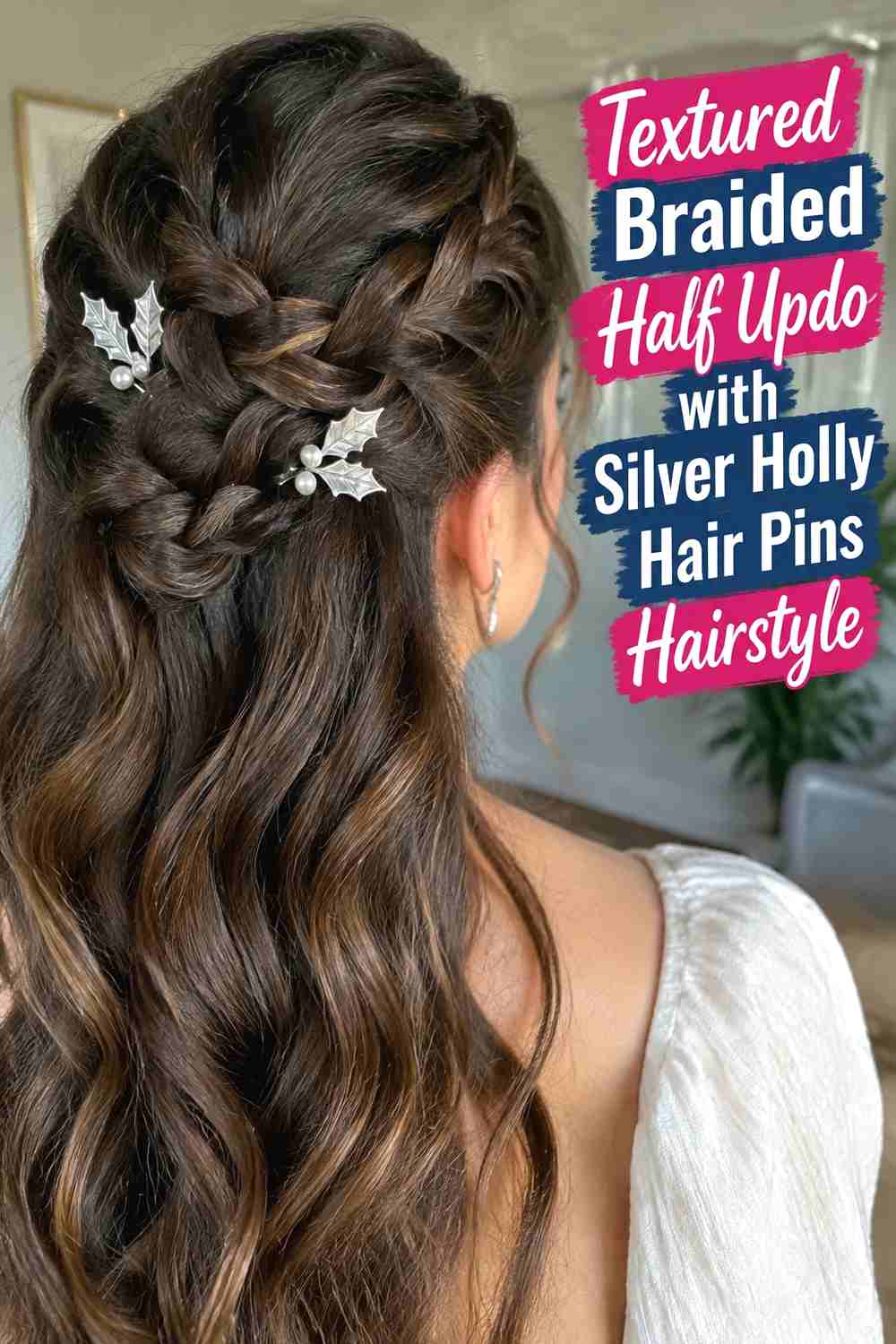 14. Textured Braided Half Updo With Silver Holly Hair Pins Hairstyle