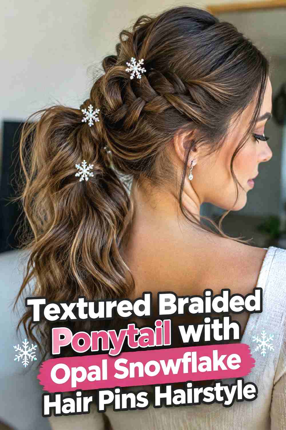 12. Textured Braided Ponytail With Opal Snowflake Hair Pins Hairstyle
