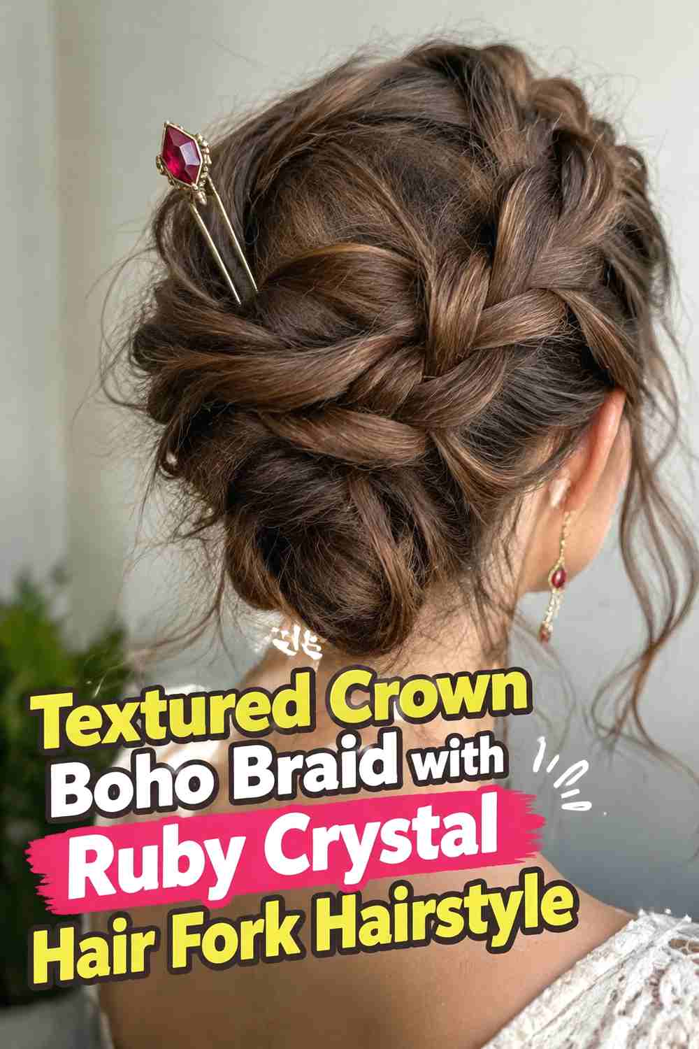 4. Textured Crown Boho Braid With Ruby Crystal Hair Fork Hairstyle