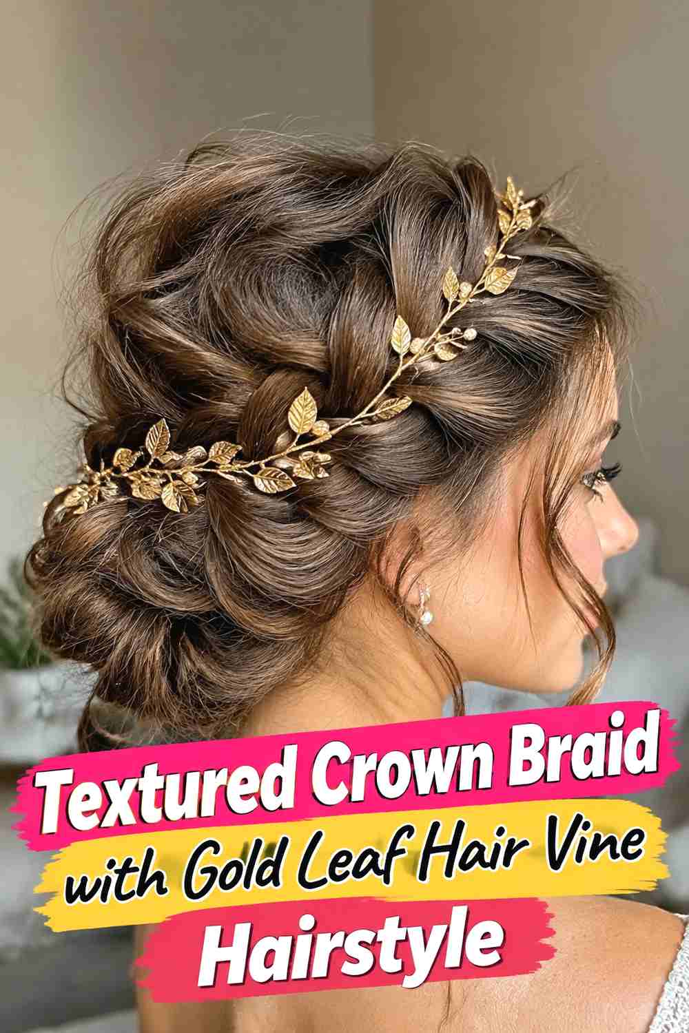 11. Textured Crown Braid With Gold Leaf Hair Vine Hairstyle