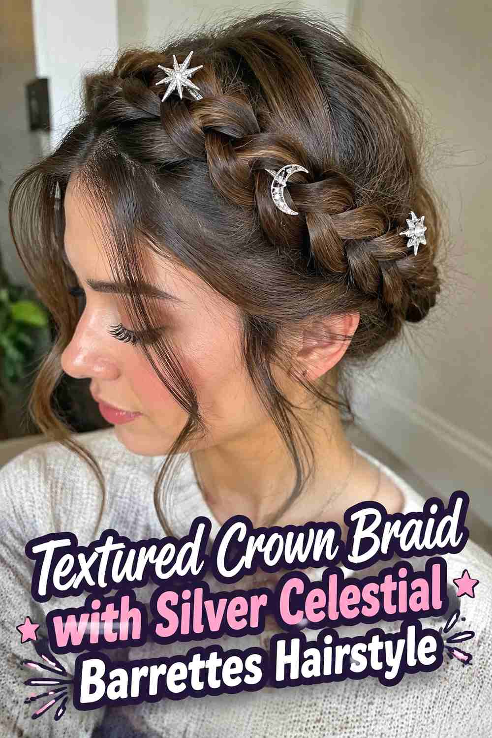 7. Textured Crown Braid With Silver Celestial Barrettes Hairstyle