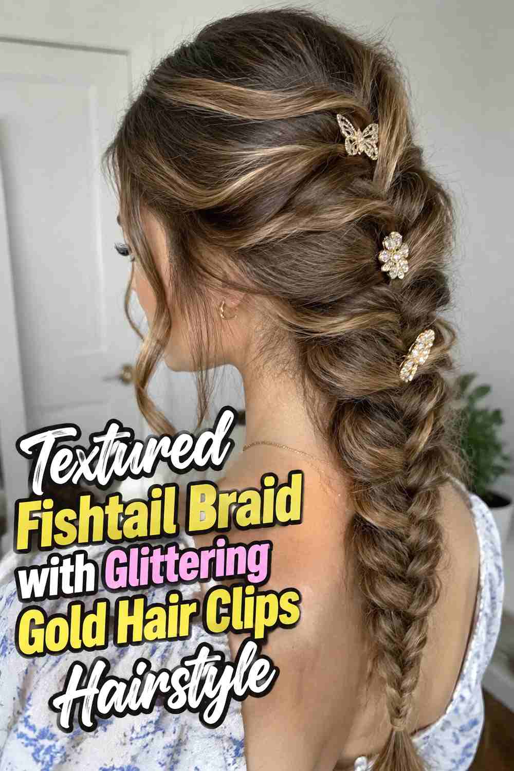 9. Textured Fishtail Braid With Glittering Gold Hair Clips Hairstyle
