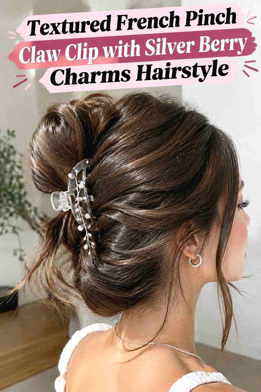 12. Textured French Pinch Claw Clip With Silver Berry Charms Hairstyle